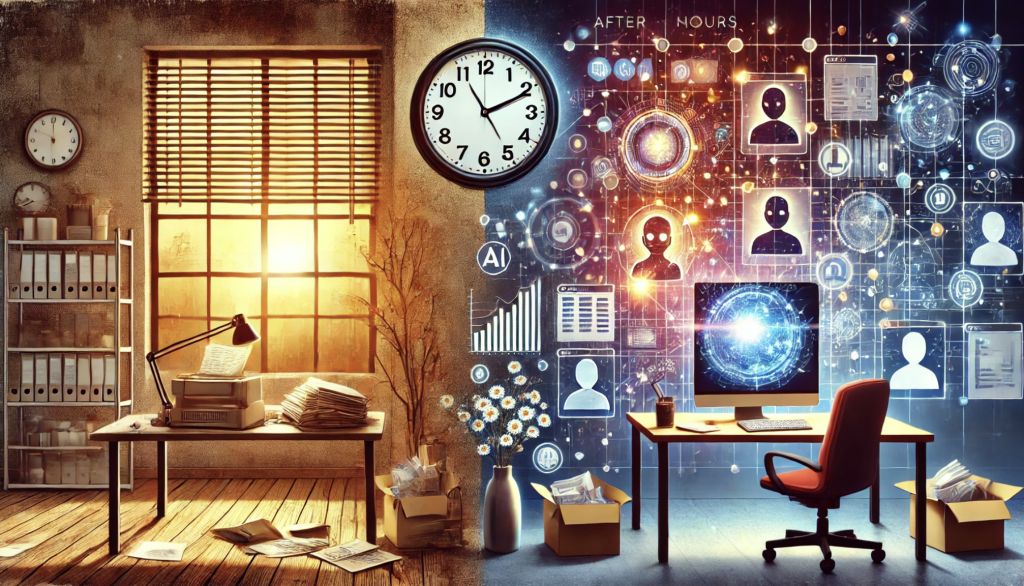 Split-view digital illustration showing a dim, cluttered office at sunset on the left and a brightly lit AI-powered workspace on the right, with glowing chatbot icons, data charts, and user profiles representing automated lead capture after business hours.